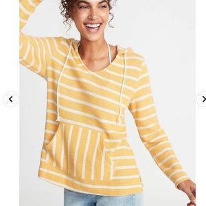Yellow and white striped terry cloth hoodie pullover